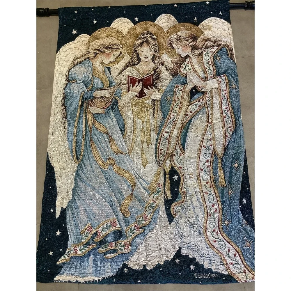 Linda Green Three Angels Christmas Woven Tapestry Wall Hanging 26x36 USA Made